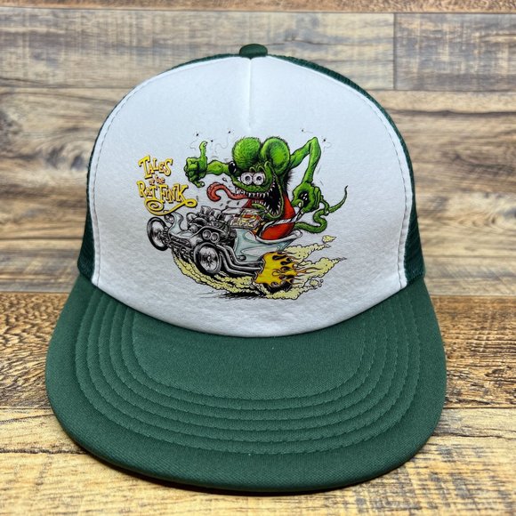 Vintage Rat Fink Mens Trucker Hat Green Snapback Ed Roth Mesh Flat Brimmed Cap - Picture 3 of 7
